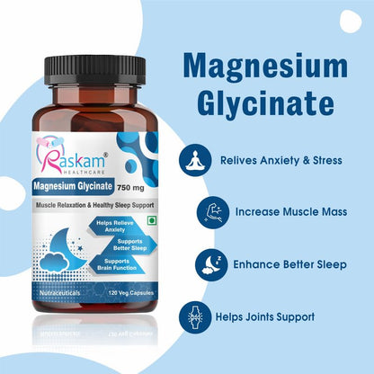 Magnesium Glycinate Capsules, 100 Veg Capsules, Muscle Relaxation & Healthy Sleep Support (750 mg)