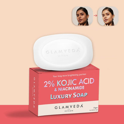 Glamveda 2% Kojic Acid Skin Lightening Soap with Niacinamide | For Dark Spots, Pigmentation & Sun Tanning | For Glass Skin | Clear Glow | All Skin Types | 75gm Pack of 1
