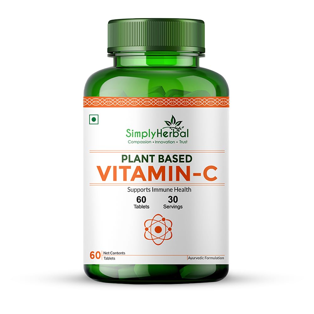 Simply Herbal Plant Based Vitamin C Tablet for Glowing Skin & Face, Ascorbic Acid, Amla Extract, Skin Glowing Supplement Promote Beauty & Health for Men & Women - 60 Tablets