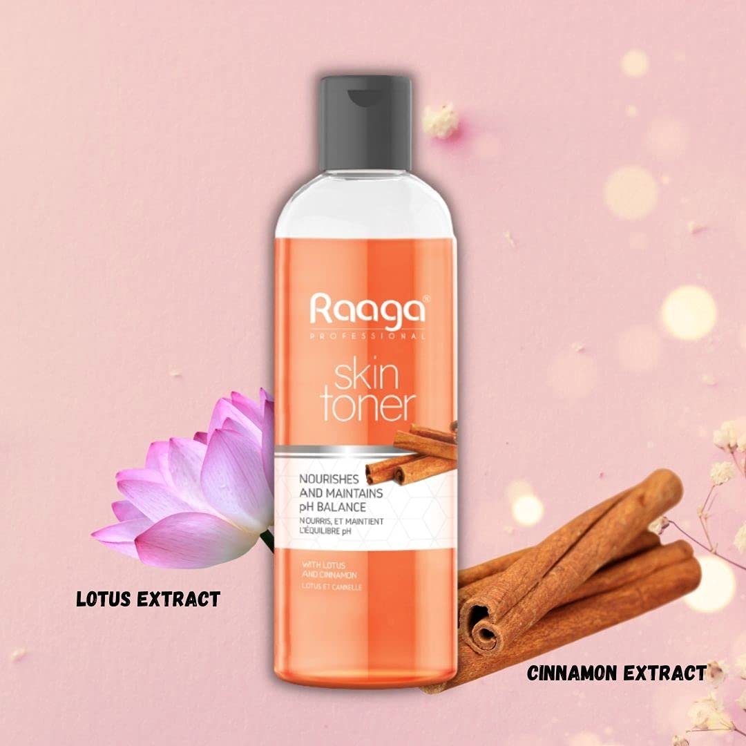 Raaga Professional Skin Toner, Nourishes and Maintains pH Balance, With Lotus & Cinnamon, All Skin Types, Lotus extracts helps to control sebum production, balances oily skin, it also keeps skin hydrated and improves elasticity, 100 ml