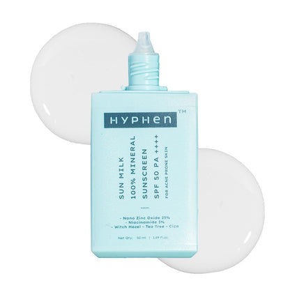 Hyphen Sun Milk Mineral Sunscreen SPF 50 PA++++ with 25% Nano Zinc Oxide | UV & Blue Light Protection | Water Resistant Korean Sunscreen for Sensitive, Oily & Acne Prone Skin | 50ml