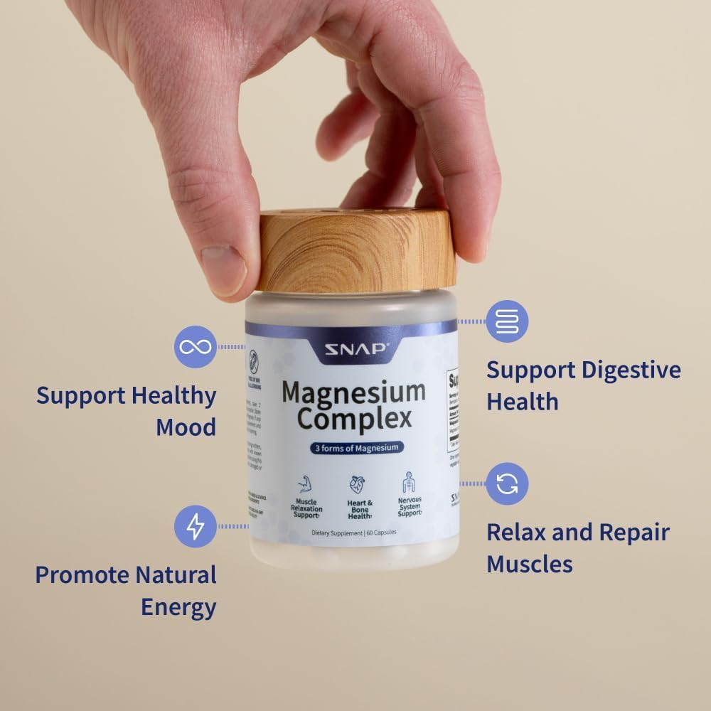 Snap Triple Magnesium Complex for Women & Men for Sleep & Muscle Support â€“ 400mg, 3-in-1 Magnesium Supplement â€“ Bisglycinate, Citrate & Oxide â€“ Chelated for High-Absorption, 60 Vegetarian Capsules