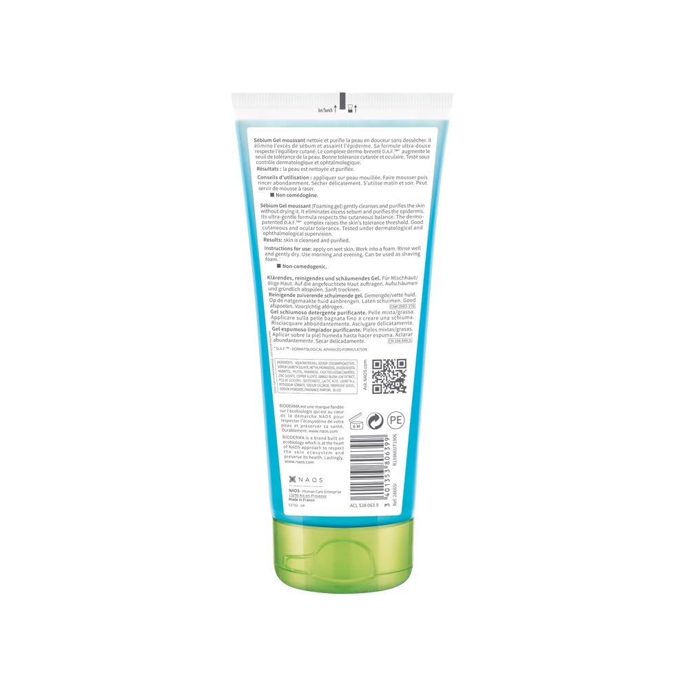 Bioderma Sebium Gel Moussant Purifying Cleansing Foaming Gel Combination To Oily Skin, 200ml