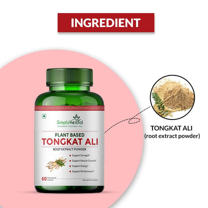 Simply Herbal Tongkat Ali root extract powder 1000mg | Enhanced testosterone level, Stamina and Stress tolerance 60 Veg Capsules