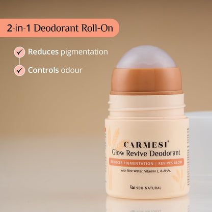 Carmesi Glow Revive Underarm Roll On Deodorant for Women | Brightens Skin, Reduces Pigmentation, Controls Odour | Rice Water, Vitamin E, 2% w/w Salicylic Acid & AHAs | 90% Natural | No Alcohol & Aluminium | 50 ml