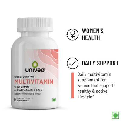 Unived Wholefood Multivitamin for Women | Vegan Plant-Based Multivitamins A, B-Complex, C, D3, E, & K2-7| Natural, Wholefood Plant Based, & Vegan | 60 Capsules