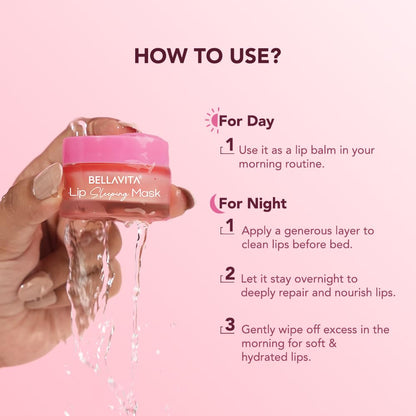 Bellavita Lip Sleeping Mask For Smooth, Soft & Plump Lips | 12hrs of Intense Hydration | Repairs Dry & Chapped Lips | Prevents Pigmentation | Soothes Dryness | Strawberry - 9.8g