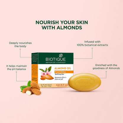 Biotique Almond Oil Nourishing Bathing Bar| Ayurvedic and Organically Pure| Maintains Skinâ€™s Natural pH |100% Botanical Extracts| Suitable for All Skin Types | Pack of 3, 225 g (3 x 75 g)