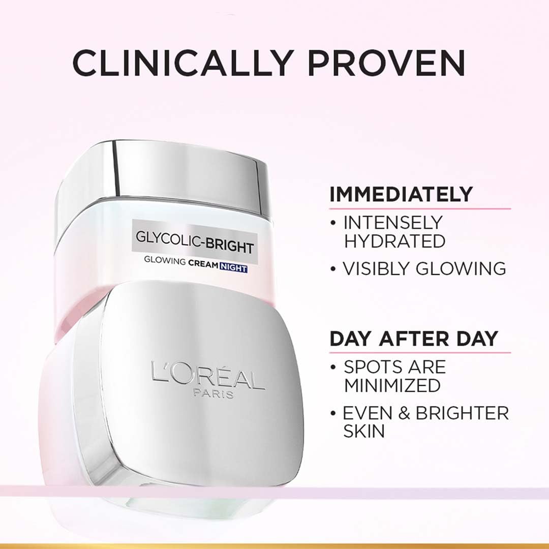 L'Oreal Paris Glycolic Bright Glowing Night Cream, Overnight Brightening Cream, Glycolic Acid in Gel-Like Cream Texture, that Visbily Minimizes Spots & Reveals Glowing skin
