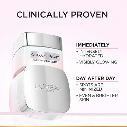 L'Oreal Paris Glycolic Bright Glowing Night Cream, Overnight Brightening Cream, Glycolic Acid in Gel-Like Cream Texture, that Visbily Minimizes Spots & Reveals Glowing skin