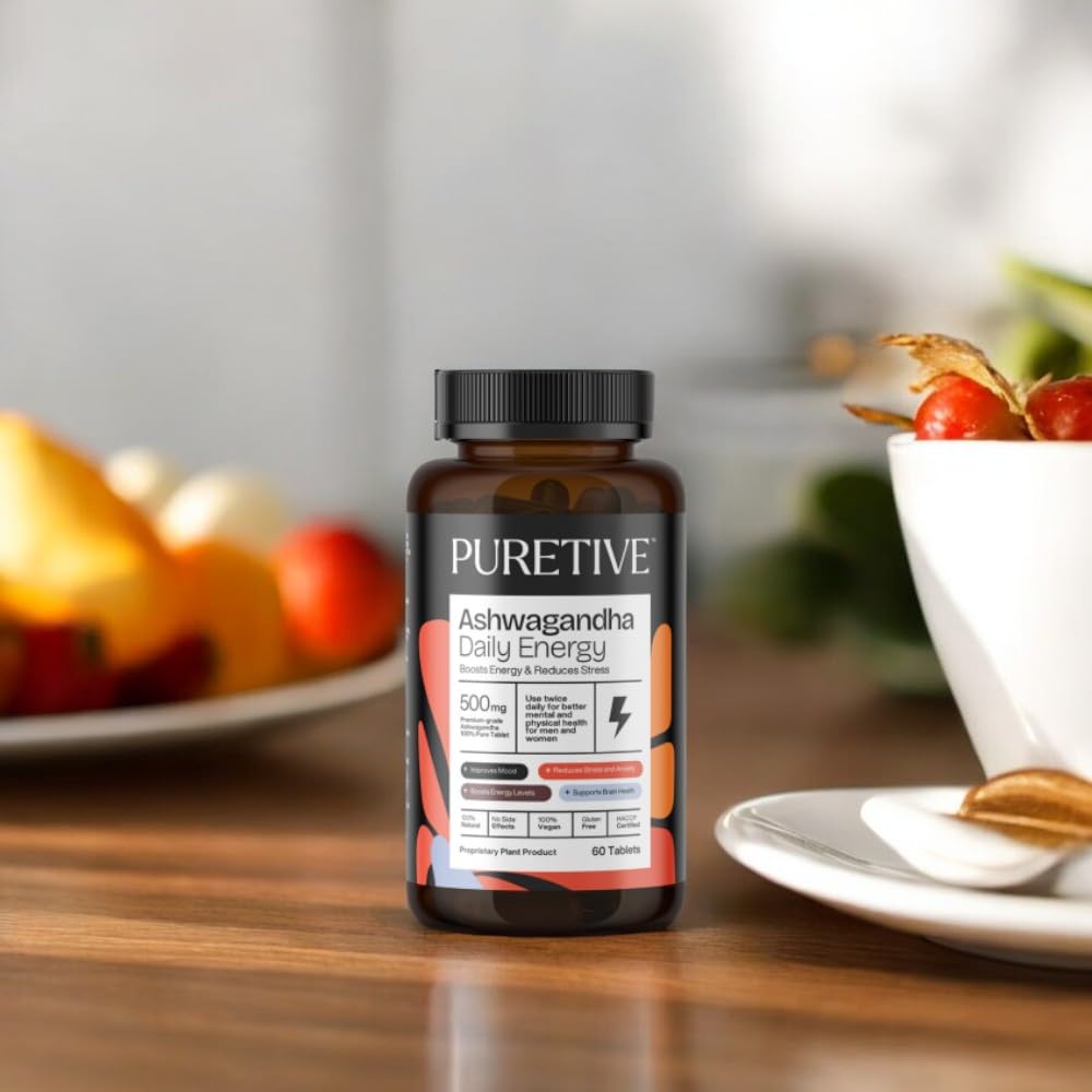 PURETIVE Ashwagandha 500mg General Wellness Tablets | Helps Release Stress | Rejuvenates Mind and Body | General Wellness | Extra Strength Natural Formulation | Support strength & energy | Pack of 60