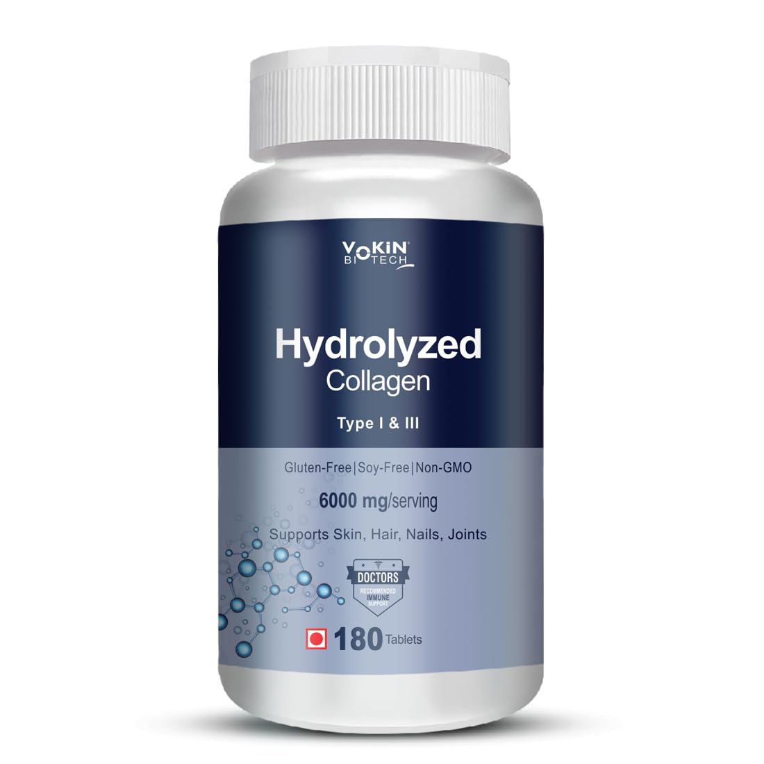 Vokin Biotech Hydrolyzed Collagen Peptides 6000 Mg With Type 1 & 3 Supports Skin,Hair,Nails & Joints (180 Capsule),1 Count