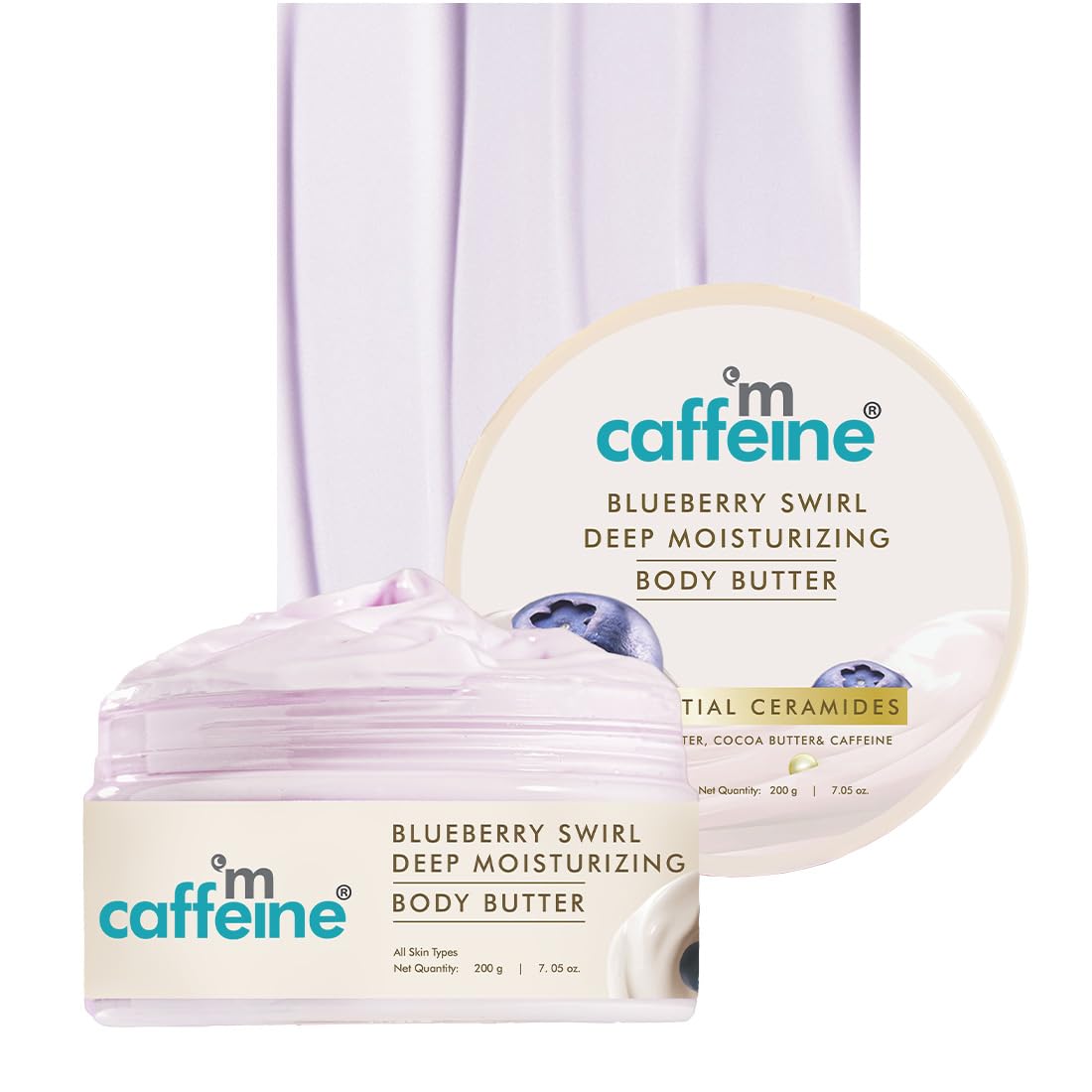 mCaffeine Blueberry Swirl Deep Moisturizing Body Butter | 5 Essential Ceramides for Skin Repair with Shea Butter & Cocoa Butter | 72Hrs Long Lasting Moisturization | Winter Body Care | Fruity Blueberry Aroma | Body Butter for Women and Men - 200g