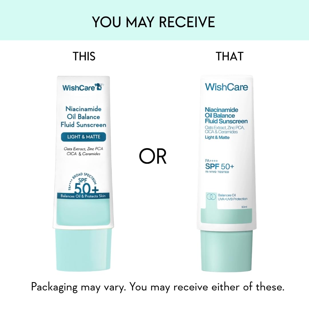 WishCare Niacinamide Oil Balance Fluid Sunscreen SPF 50 PA++++ In-Vivo Tested | 8Hrs+ SPF Protection | Lightweight, Matte & No White Cast | Sunscreen SPF 50 For Oily Skin, Sensitive, Dry & Combination Skin | For Women & Men | 50 ml