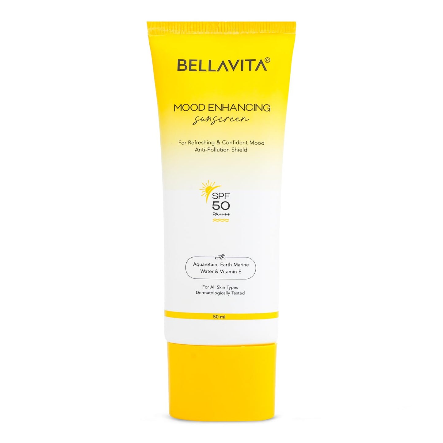 BELLAVITA Sunscreen SPF 50, Mood Enhancing Sunscreen, PA++++, Non-Greasy, No White Cast | Broad Spectrum & UVA+UVB Protection | For Men & Women- 50 ML