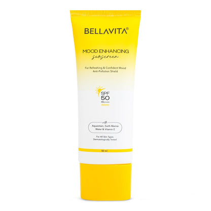 BELLAVITA Sunscreen SPF 50, Mood Enhancing Sunscreen, PA++++, Non-Greasy, No White Cast | Broad Spectrum & UVA+UVB Protection | For Men & Women- 50 ML