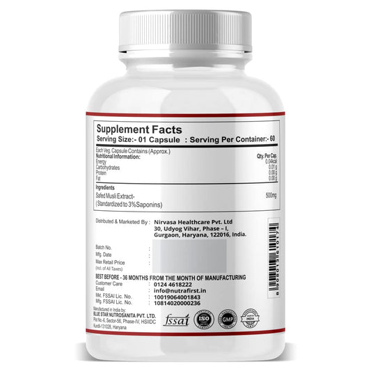 Nutrafirst Safed Musli Extract Capsules (500mg, 60 Caps) | Natural Strength, Stamina & Energy Booster | Supports Muscle Health, Performance, Vitality & Immunity | For Men & Women