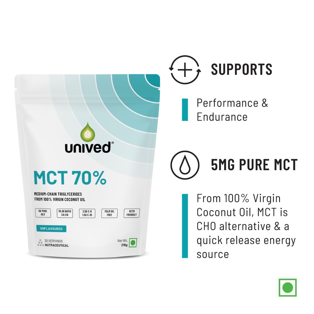 Unived MCT 70% | Medium Chain Triglyceride Oil Powder | Clean Energy Fuel | Pure MCT 5g with C-8: 3528mg & C-10: 1512mg in a 70:30 ratio | Vegan & Keto Friendly | 30 Servings