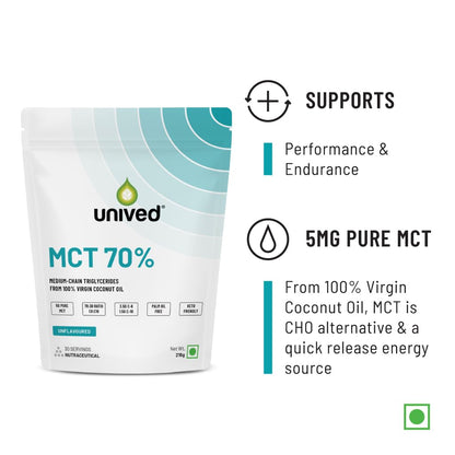 Unived MCT 70% | Medium Chain Triglyceride Oil Powder | Clean Energy Fuel | Pure MCT 5g with C-8: 3528mg & C-10: 1512mg in a 70:30 ratio | Vegan & Keto Friendly | 30 Servings