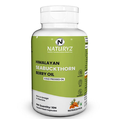 NATURYZ Himalayan Sea Buckthorn Berry Oil Triple Strength 1120mg | Cold-Pressed Vegetarian Omega 7 + Omega 3-6-9 | Skin Glow, Immunity & Gut Health Supplement | High Absorption | Non-GMOâ€“ 10 Liquid Fill Capsules
