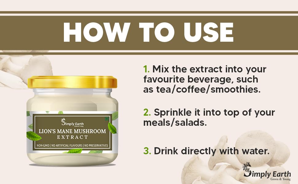 Simply Earth Lion's Mane Mushroom Extract Powder 10:1, (20% Polysaccharides) Improves Memory, Focus and Clarity | 50gmâ€¦