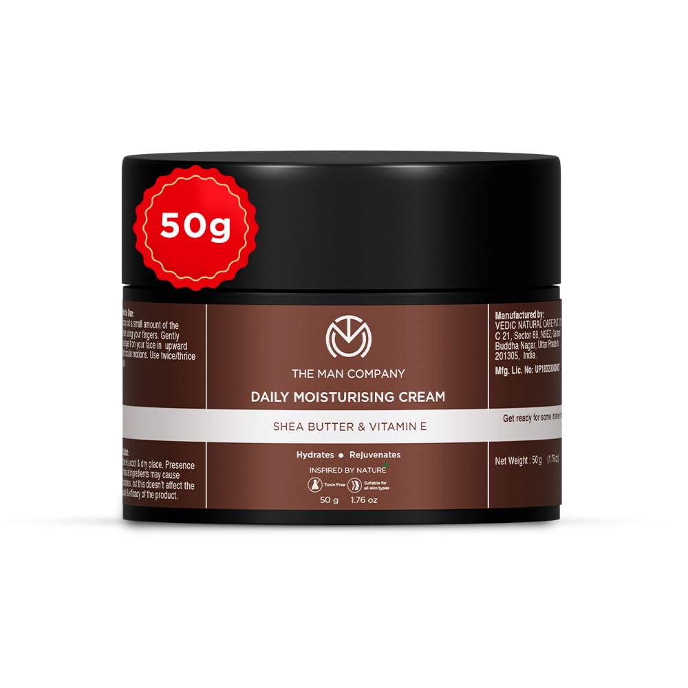 The Man Company Non-Sticky Daily Moisturizing Cream for Dry Skin | Moisturizes & Hydrates with Shea Butter, Vitamin E & Coco Butter | Face Moisturizer For Men - 50gm