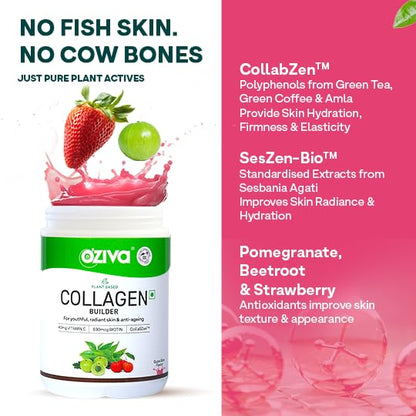 OZiva Vegan Collagen (Watermelon) with Biotin & Vitamin C For Brighter & Youthful Skin | Collagen Supplement For Women & Men | Plant Based Powder | Certified Vegan 125g
