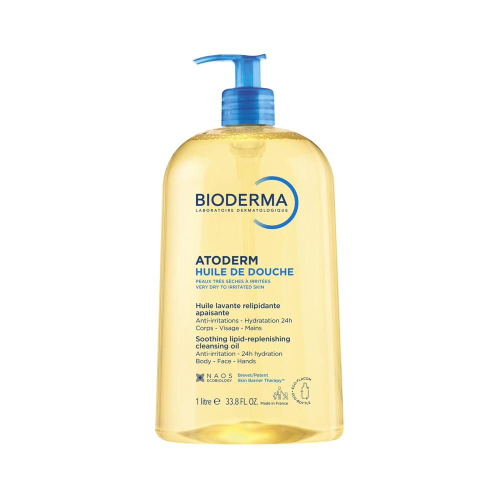 Bioderma Atoderm Huile de douche Anti-iritation Cleaning Oil | 24hrs Hydration | Face and Body Moisturizer | Soothes Discomfort - Dry to Very Dry Sensitive Skin - 1 Ltr