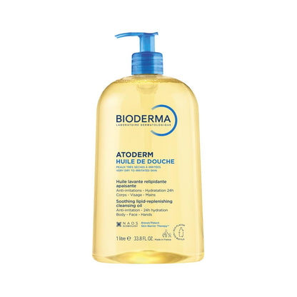 Bioderma Atoderm Huile de douche Anti-iritation Cleaning Oil | 24hrs Hydration | Face and Body Moisturizer | Soothes Discomfort - Dry to Very Dry Sensitive Skin - 1 Ltr