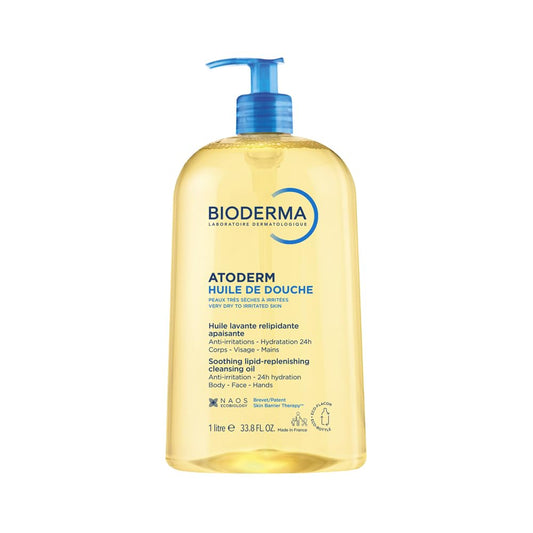 Bioderma Atoderm Huile de douche Anti-iritation Cleaning Oil | 24hrs Hydration | Face and Body Moisturizer | Soothes Discomfort - Dry to Very Dry Sensitive Skin - 1 Ltr