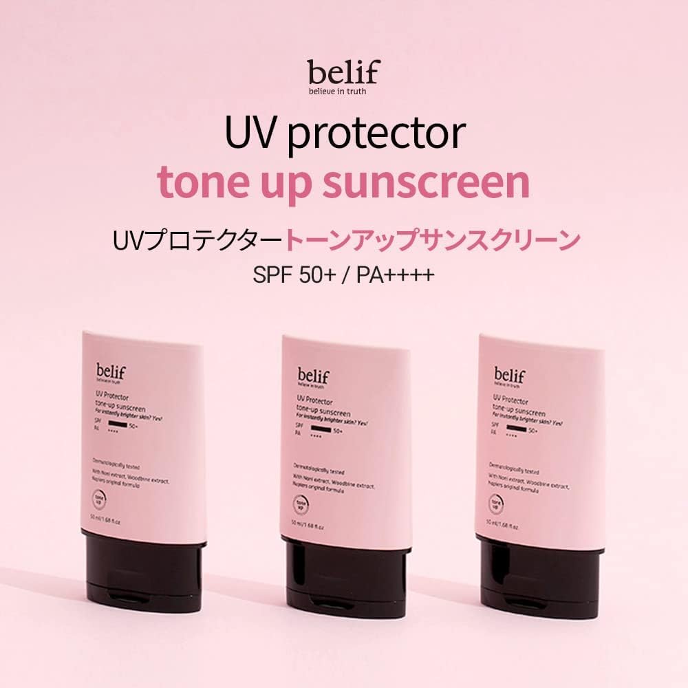 Belif UV Protector Tone Up Sunscreen, 2-in-1 Tone Up Sunscreen SPF 50+ PA++++ â€“ Broad Spectrum UV Protection with Instant Glow | Hydrating, Water-Resistant, Pink-Toned Primer for All Skin Types | 50ml