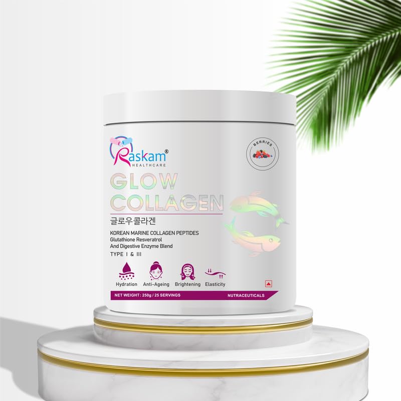 Raskam Glow Collagen Powder 250gm of 25 Servings | Korean Marine Flavored (Mix Berry) Collagen Powder Supplements for Women & Men