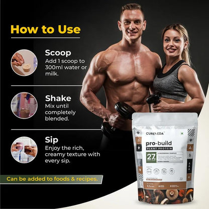 Cureveda Pro-Build Plant Protein Powder | 27g Vegan Protein + 6 Mushrooms | 5.1g BCAA & Digestive Enzymes | Cordyceps, Lionâ€™s Mane, Reishi, Chaga, Shiitake, Turkey Tail | Chocolate | 500g