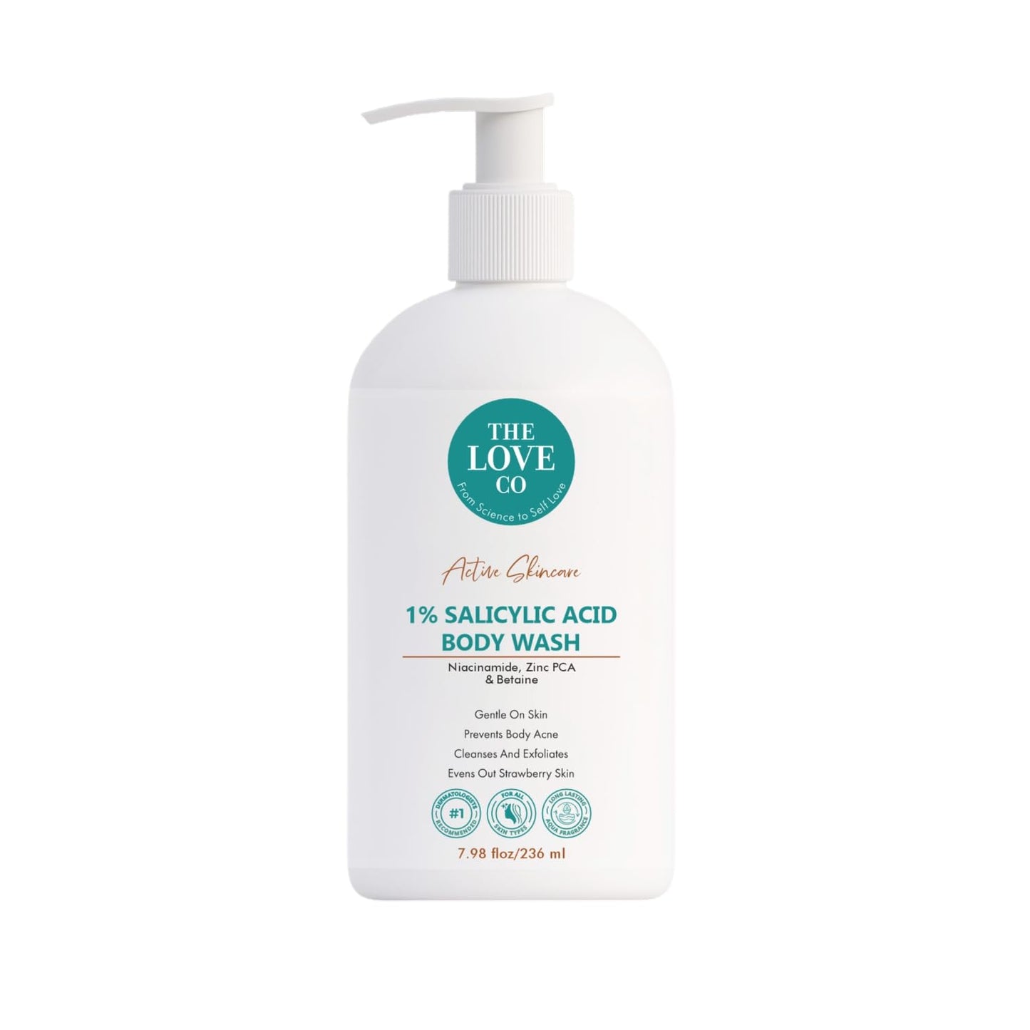 THE LOVE CO 1% Salicylic Acid Body Wash 236ml | Body & Back Acne | Paraben & SLS Free | Prevents Dry, Rough, Bumpy, and Strawberry Skin | Deep Cleanses Skin | For Men & Women | Body Shower Gel