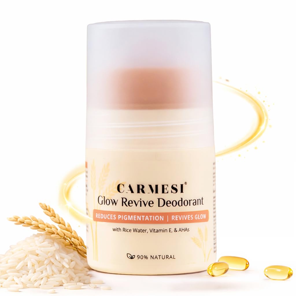 Carmesi Glow Revive Underarm Roll On Deodorant for Women | Brightens Skin, Reduces Pigmentation, Controls Odour | Rice Water, Vitamin E, 2% w/w Salicylic Acid & AHAs | 90% Natural | No Alcohol & Aluminium | 50 ml