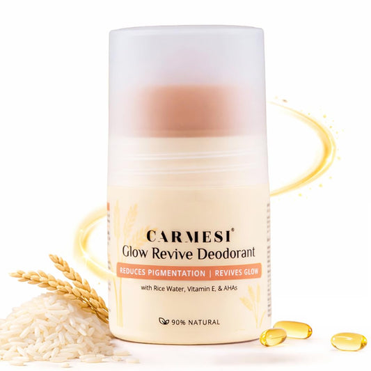Carmesi Glow Revive Underarm Roll On Deodorant for Women | Brightens Skin, Reduces Pigmentation, Controls Odour | Rice Water, Vitamin E, 2% w/w Salicylic Acid & AHAs | 90% Natural | No Alcohol & Aluminium | 50 ml