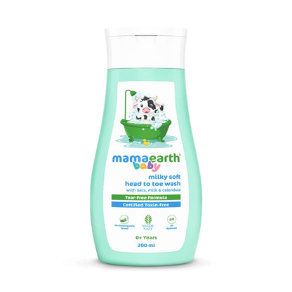 Mamaearth Milky Soft Head to Toe Wash With Oats, Milk, and Calendula for Babies- 200 ml |2-in-1 Tear-Free Body Wash & Shampoo | Moisturizes and Soothes Skin | Travel-friendly Pack