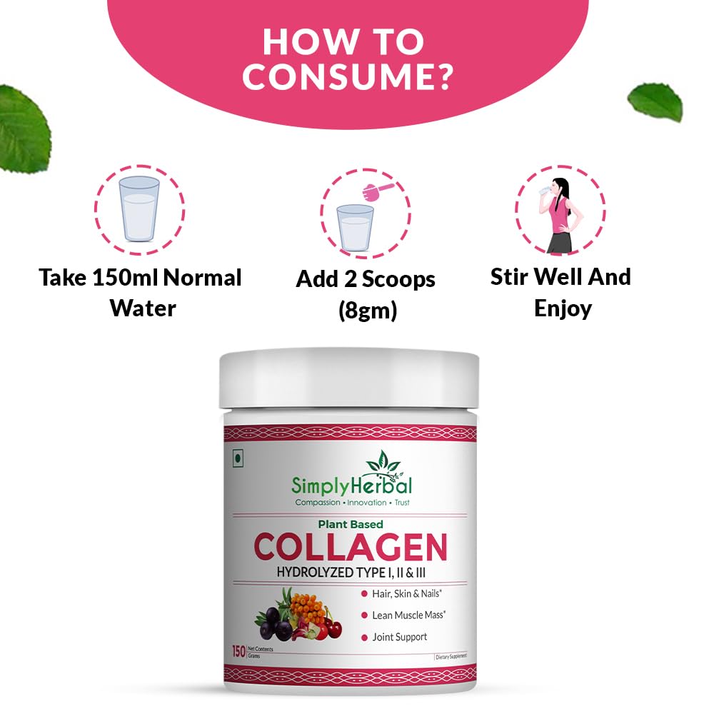 Simply Herbal Plant Based Collagen Powder Natural Peptide Builder Supplement Drink With Vitamin C, Silica, & Biotin For Skin Hair Nail Health Promote Bone Joint Function for Men & Women â€“ 150 gm