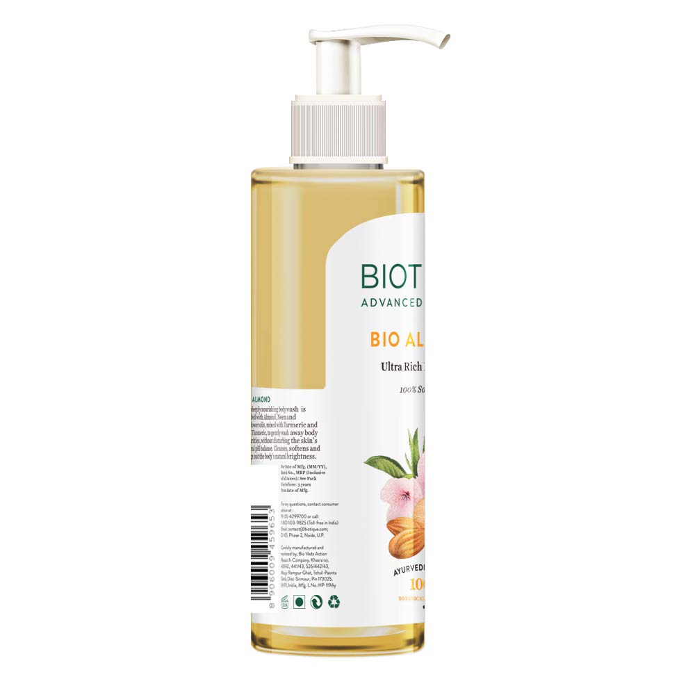 Biotique Almond Oil Ultra Rich Body Wash| Maintains Skinâ€™s Natural pH |100% Botanical Extracts| Soap-Free Body Wash Suitable for All Skin Types | 200mL