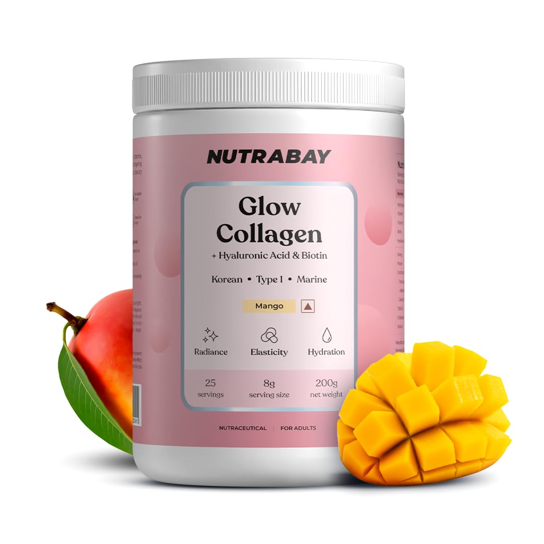 Nutrabay Korean Marine Glow Collagen Peptides with Hyaluronic Acid & Biotin â€“ for Glowing Skin, Hair, Nails & Joints â€“ 200g, Mango Flavor | Tested for Purity | No Fishy After Taste