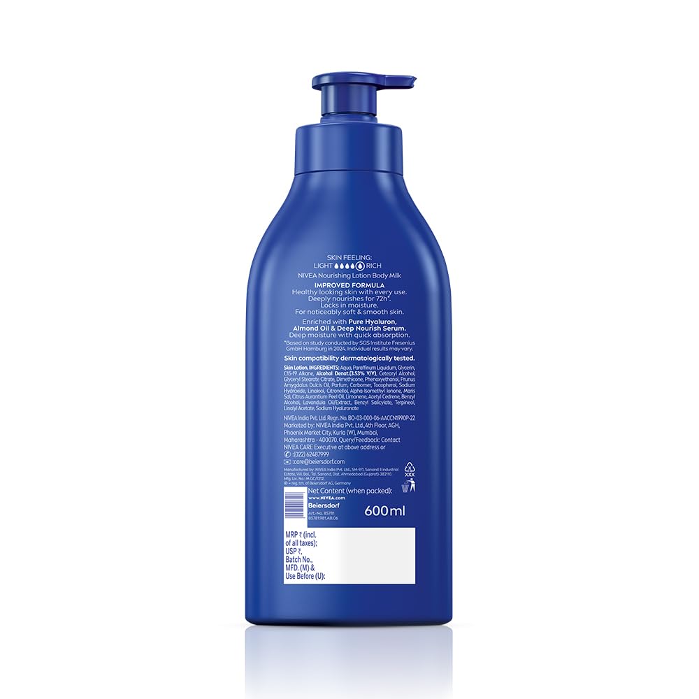 NIVEA Nourishing Body Milk 600ml Body Lotion with Hyaluronic Acid | 72Hr Hydration | Deep Moisture Care for Very Dry Skin | Enriched with Almond Oil | Smooth, Radiant & Healthy Looking Skin Care