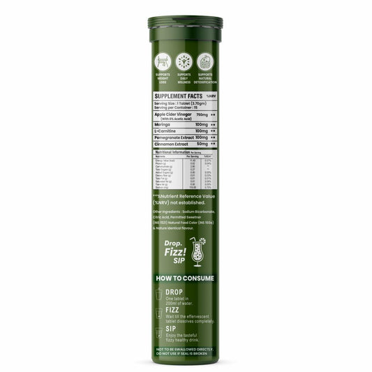 ACV Moringa 5 in 1 formula Effervescent Tablets | 15 Tablets, Pack Of 1 | With L-Carnitine Pomegranate & Cinnamon | Supports Fat Burn | Weight Loss Drink for Women, Men