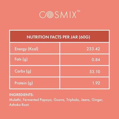 cosmix-My Happy Gut|Prebiotics&Probiotics-Promotes Healthy Gut Microbiome|Mulethi&Triphala Powder|Helps With Acidity,Digestion&Bloating|No Preservatives|No Added Sugar|60G-40 Servings (Pack Of 1)