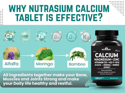 Nutrasium | Calcium & Vitamin D3 Tablets | Calcium Magnesium Zinc D3 & K2 with B12 & Folic Acid | Alfalfa, Moringa & Bamboo Leaves Extract | For Strong Bone & Joint Support | 60 Tablets