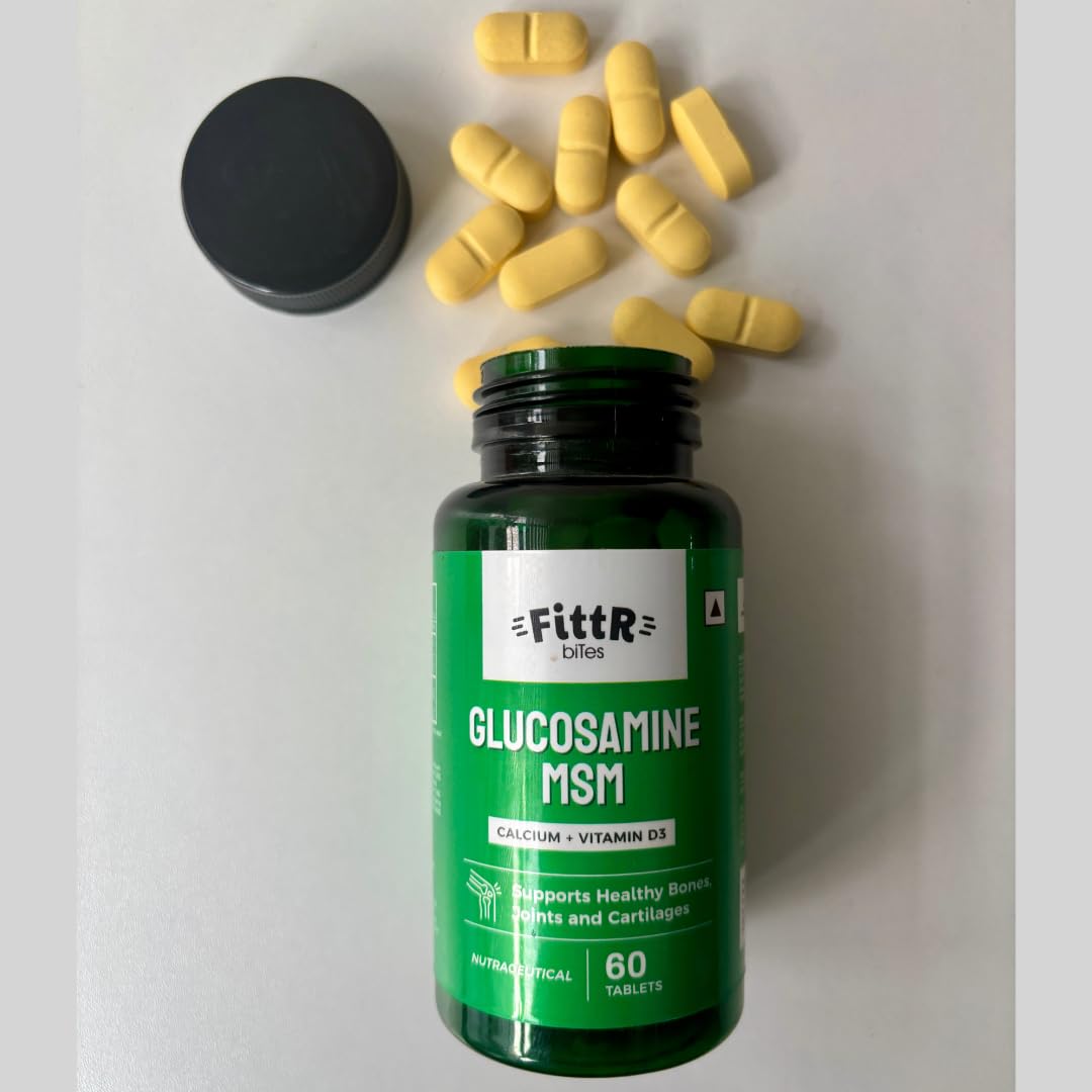 FittR Bites Glucosamine Tablets for Joint Support Supplement| with MSM Calcium & Vitamin D3 | Cartilage and Bone Health supplement, 60 Tablets, (Pack of 1, 60)