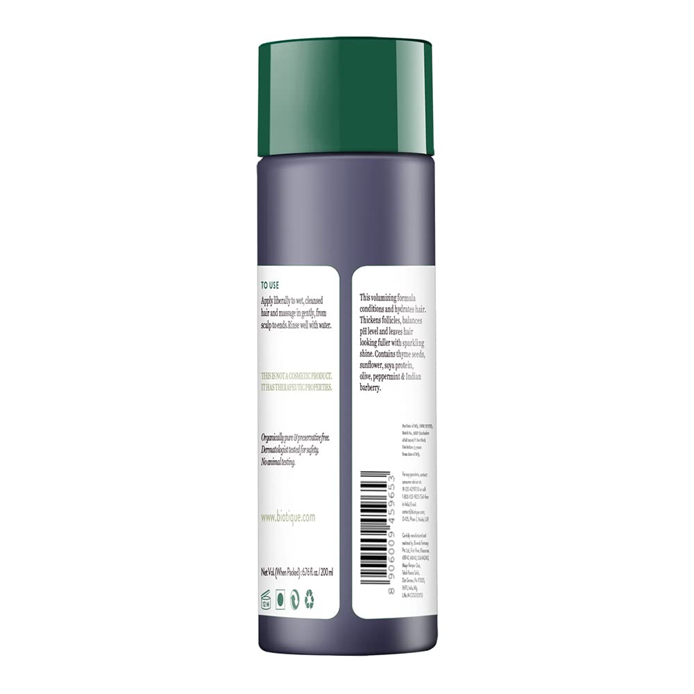 Biotique Bio Thyme Volume Conditioner Fine & Thinning Hair|Gives Volume & Bounce To Hair|Helps In Thicken Follicles|100% Botanical Extracts|Suitable All Skin Types|200 Millilitre-Peppermint,Thyme