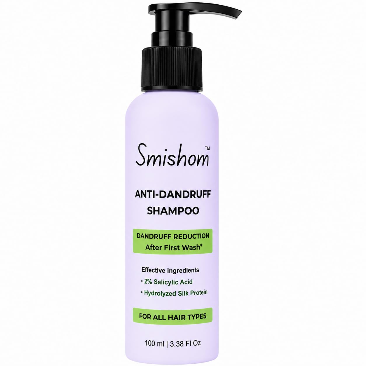 Smishom Anti-Dandruff Shampoo | Dandruff Reduction After First Wash | ZPTO-Free | pH balance | 2% Salicylic Acid & Hydrolyzed Silk Protein | Reduces Dandruff, Itchy Scalp | For All Hair Types | Light Lavender -100 ml
