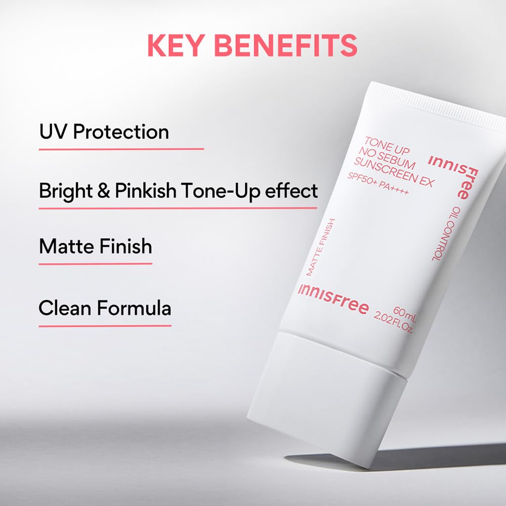 Innisfree Tone Up No Sebum Tinted Sunscreen 60ml with SPF 50+ PA++++ | Oil Control & Matte Finish, UV Protection, Clean Formula | Korean Sunscreen for Oily Skin, Non-Greasy, Sweat-Resistant