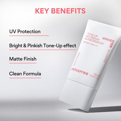 Innisfree Tone Up No Sebum Tinted Sunscreen 60ml with SPF 50+ PA++++ | Oil Control & Matte Finish, UV Protection, Clean Formula | Korean Sunscreen for Oily Skin, Non-Greasy, Sweat-Resistant