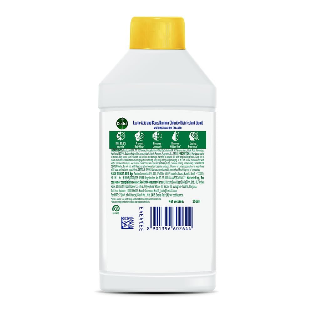 Dettol 5 in 1 Washing Machine Cleaner & Descaling Liquid for top load and front load| Lemon 250ml | Removes Limescale, Dirt and Bad odour | Kills 99.9%* Bacteria